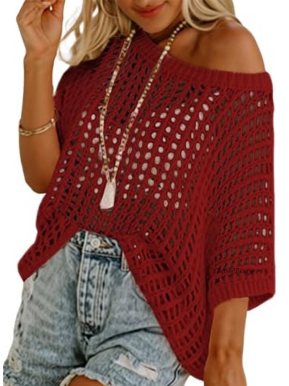Women's Crochet Knit Pullover Sweater Short Sleeve Hollow Out Beach Coverup